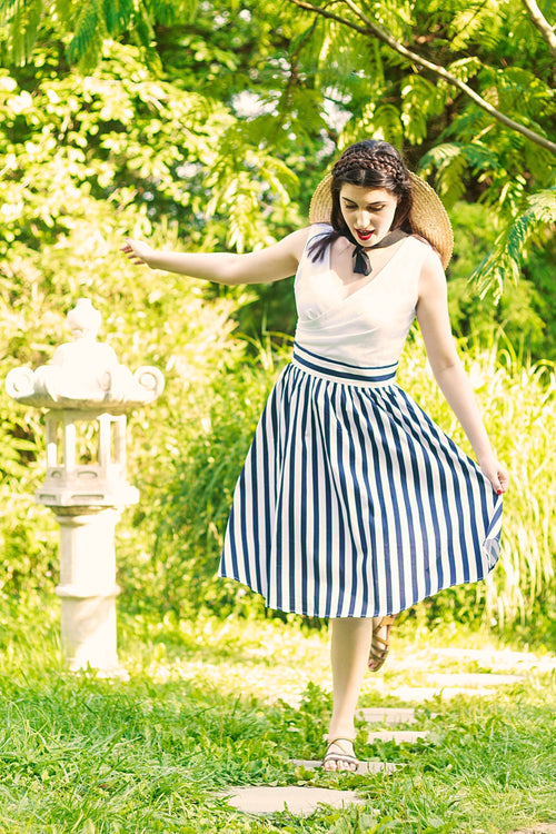 May V-neck 50s Style Swing Dress in White & Blue Striped