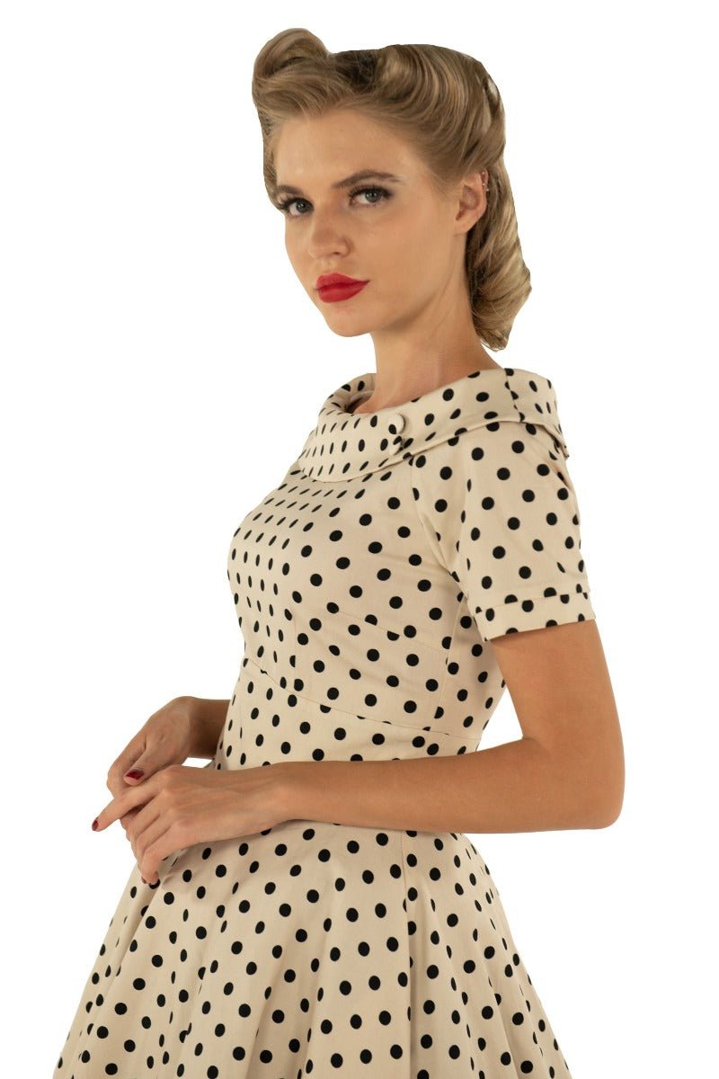 Darlene Retro Polka Dot Swing Dress in Beige