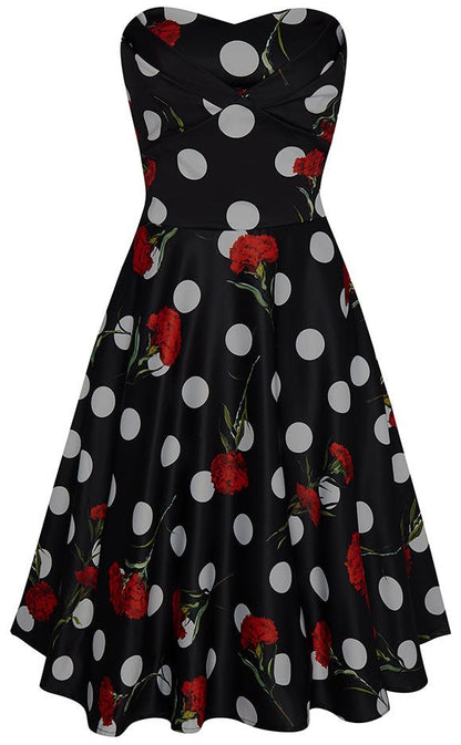 Melissa Retro Rockabilly Dress in Black with Red Flowers & White Polka