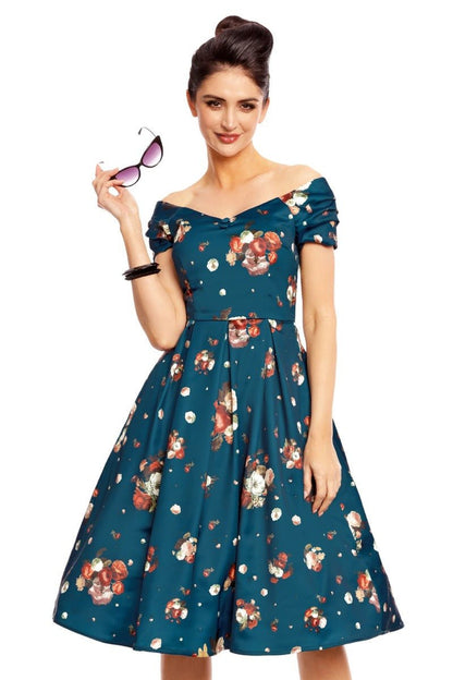 Lily Off-Shoulder 50's Dress in Blue Floral Roses Print