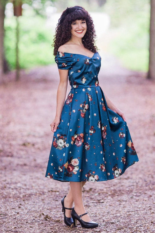 Lily Off-Shoulder 50's Dress in Blue Floral Roses Print