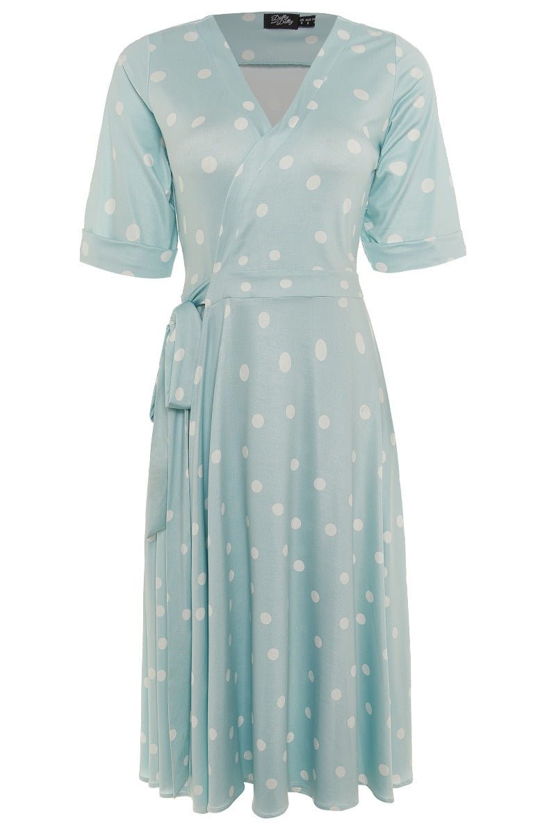 Matilda Retro Wrap Dress in Pale Blue-White Polka dots