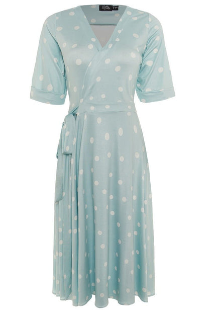 Matilda Retro Wrap Dress in Pale Blue-White Polka dots