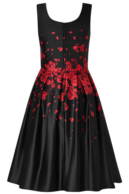 Amanda 50s Style Satin Dress Black with Raising Red Poppy Flower Print