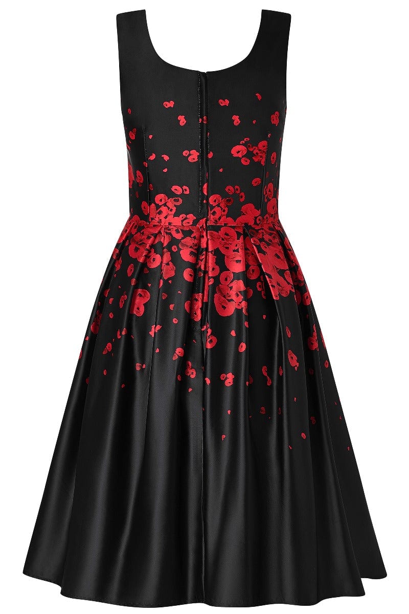 Amanda 50s Style Satin Dress Black with Raising Red Poppy Flower Print