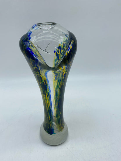 VASE BLOWN GLASS BLUE & YELLOW SIGNED