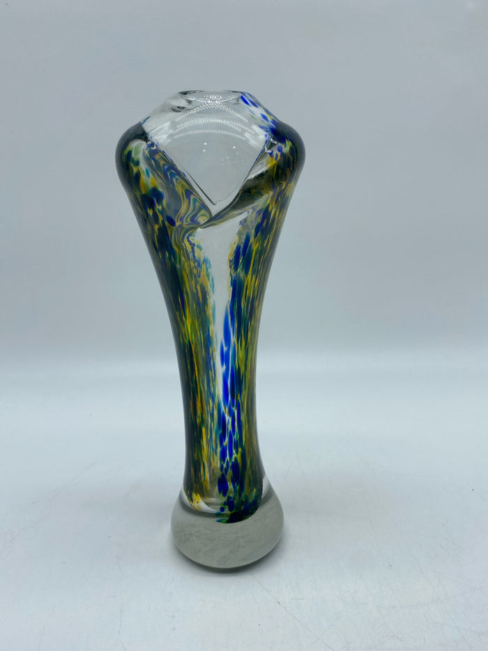VASE BLOWN GLASS BLUE & YELLOW SIGNED