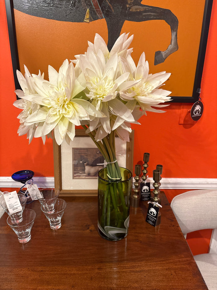 VASE GLASS GREEN W/ FLOWERS