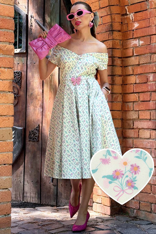 Lily White Floral Tile Off Shoulder Dress