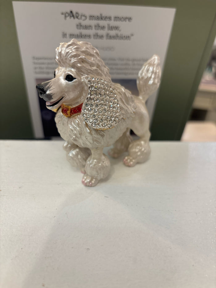 WHITE POODLE ENAMEL TRINKET BOX RHINESTONE EARS