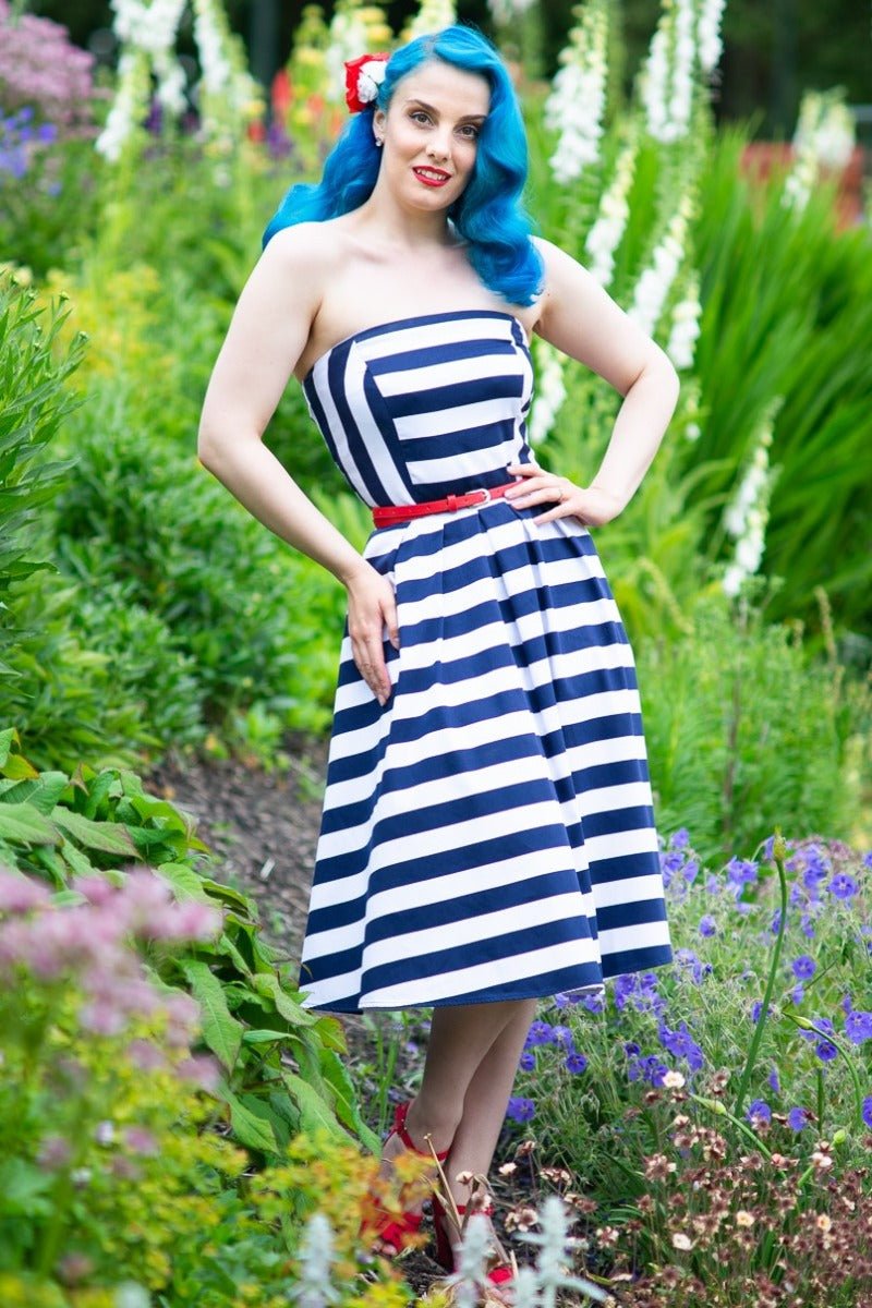 Lana Striped Strapless Swing Dress in Blue-White